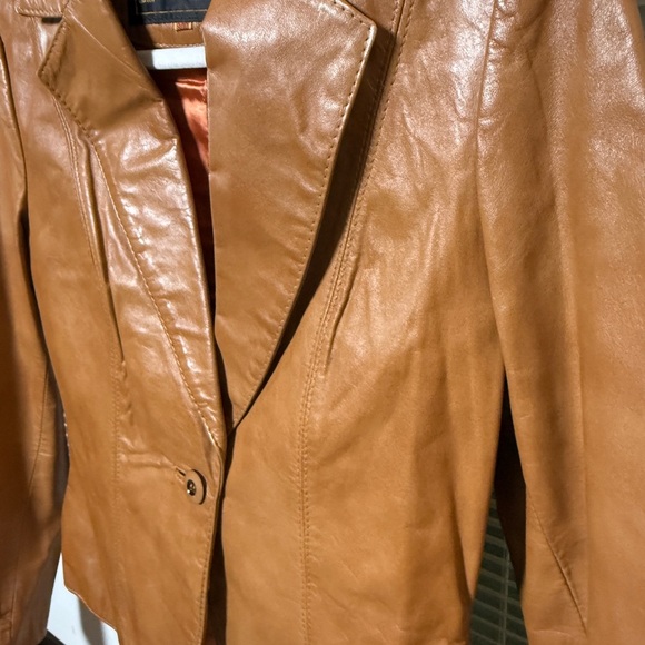 VINTAGE LEATHER JACKET Women’s Caramel brown CASABLANCA COAT One button Sz 9/10 - Picture 5 of 6